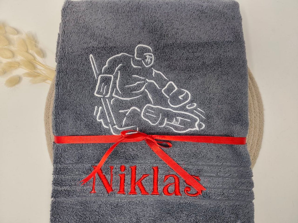 Goalie 02 Eishockey-Torwart-Handtuch – personalisiert mit Name & Motivation