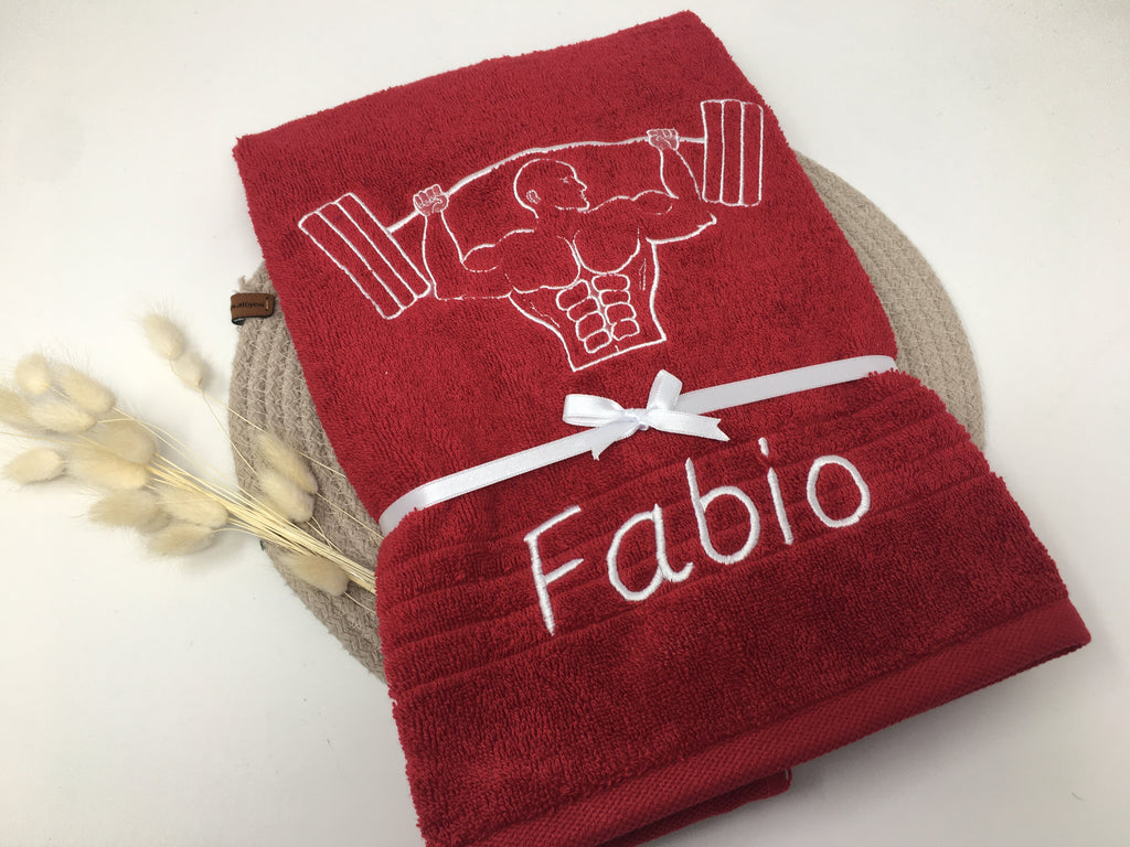 Sport Fitness Handtuch Duschtuch Gewichtheber halb bestickt & personalisierbar Super Qualität