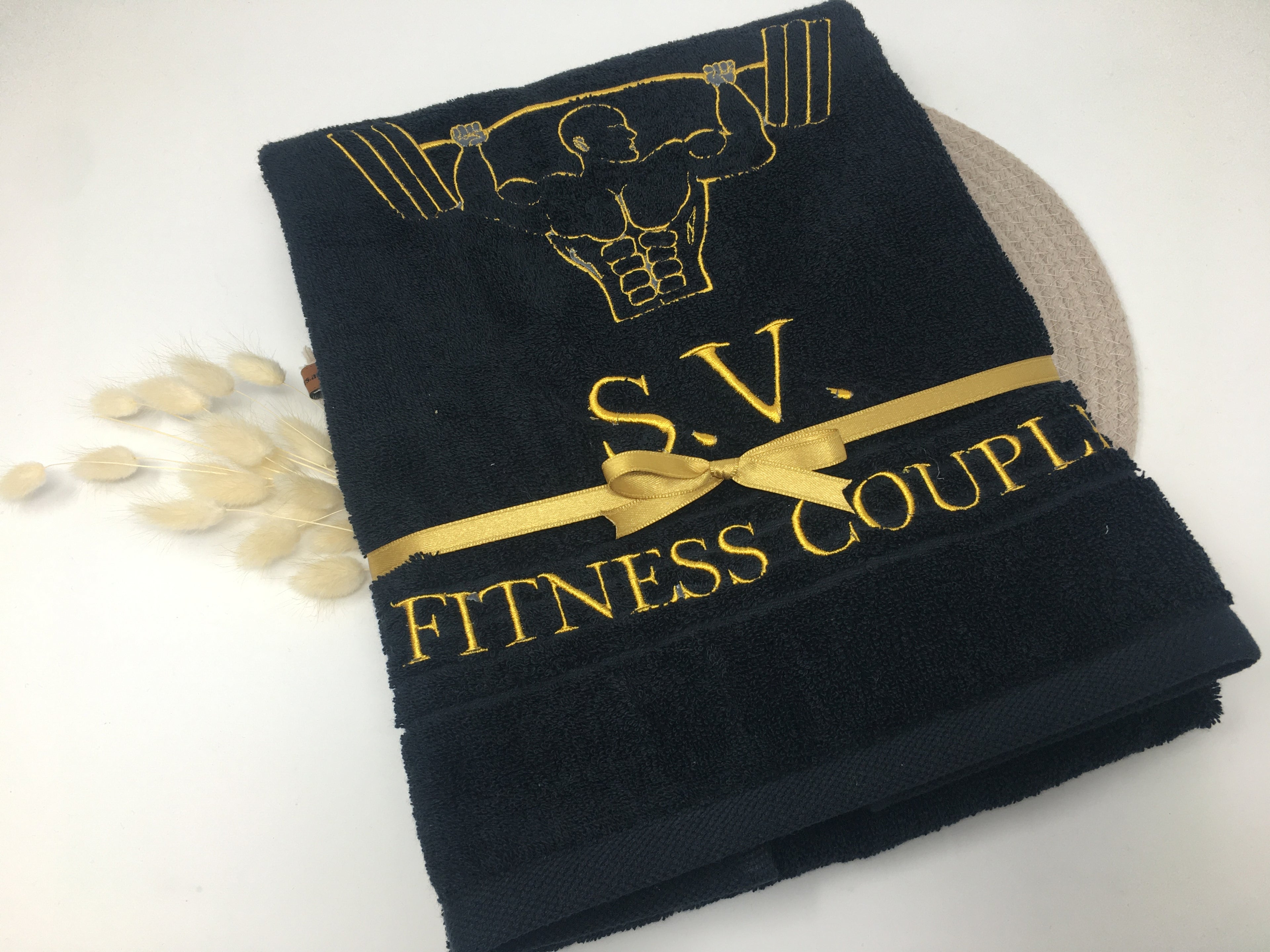 Sport Fitness Handtuch Duschtuch Gewichtheber halb bestickt & personalisierbar Super Qualität