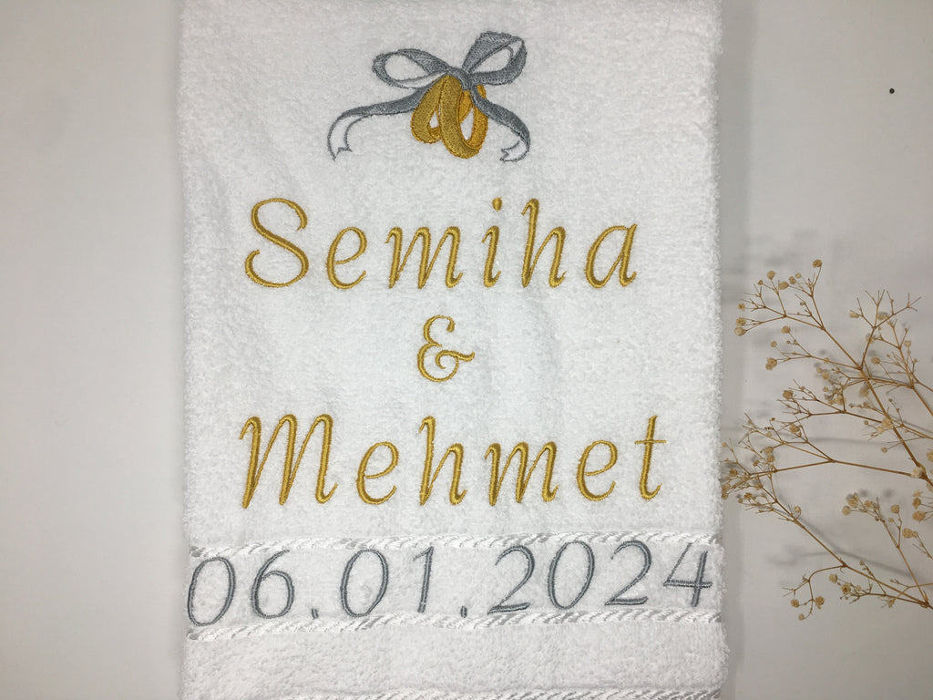 Heirat - Hochzeit - Ringe Handtuch Duschtuch bestickt & personalisierbar Super Qualität