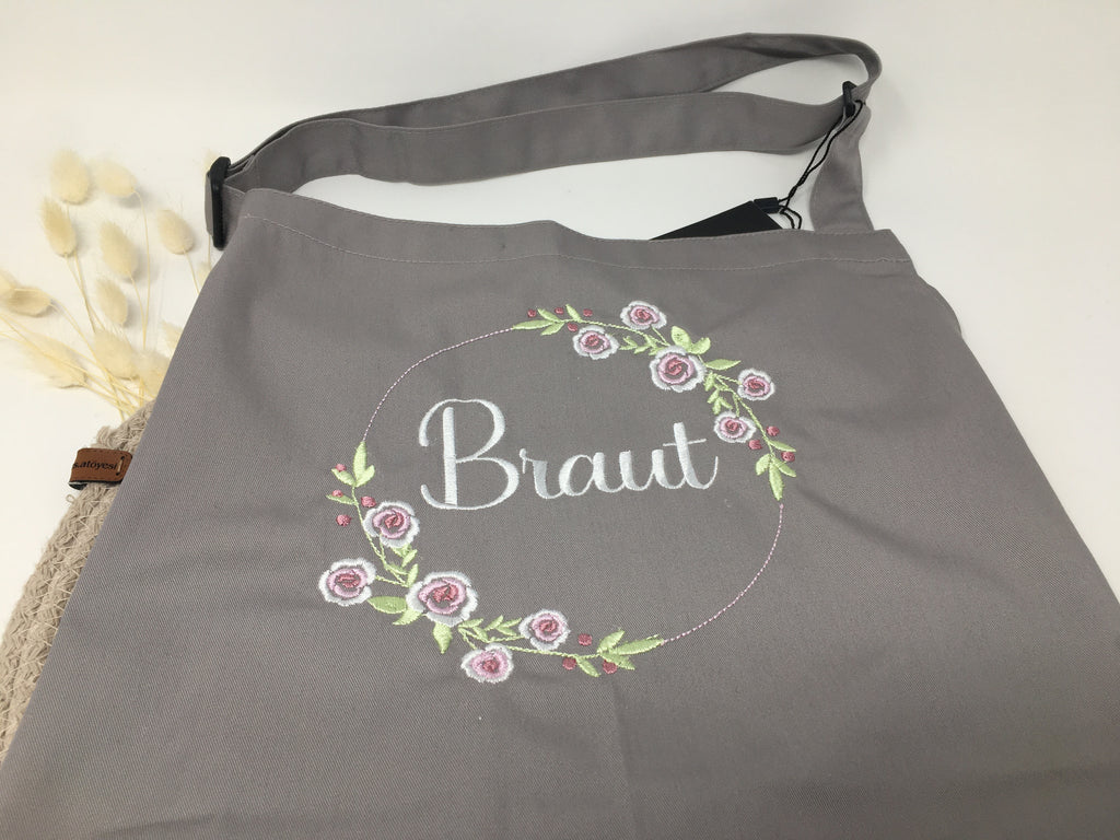 Personalisierte Schürze Rosen Röschen Kranz bestickt Küchenschürze Kochschürze Apron mit Namen Stickerei