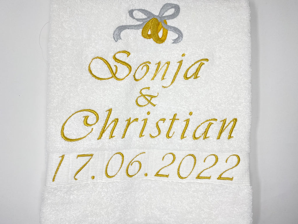 Heirat - Hochzeit - Ringe Handtuch Duschtuch bestickt & personalisierbar Super Qualität