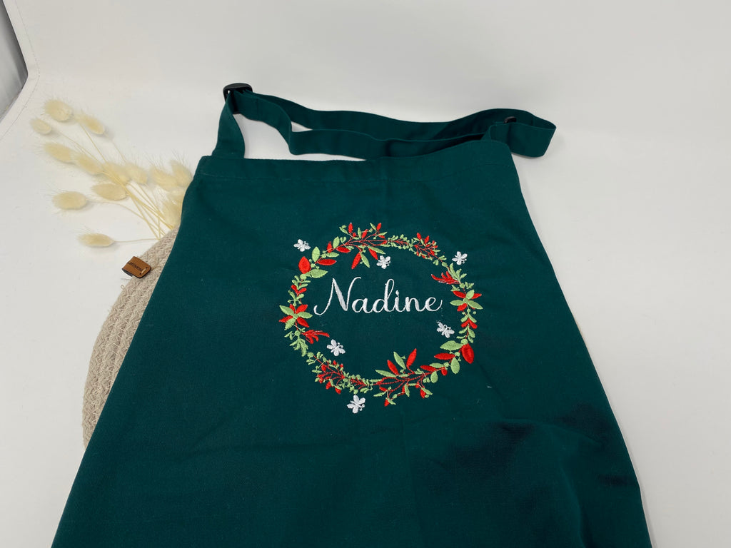 Personalisierte Schürze Blumen Kranz bestickt Küchenschürze Kochschürze Apron mit Namen Stickerei