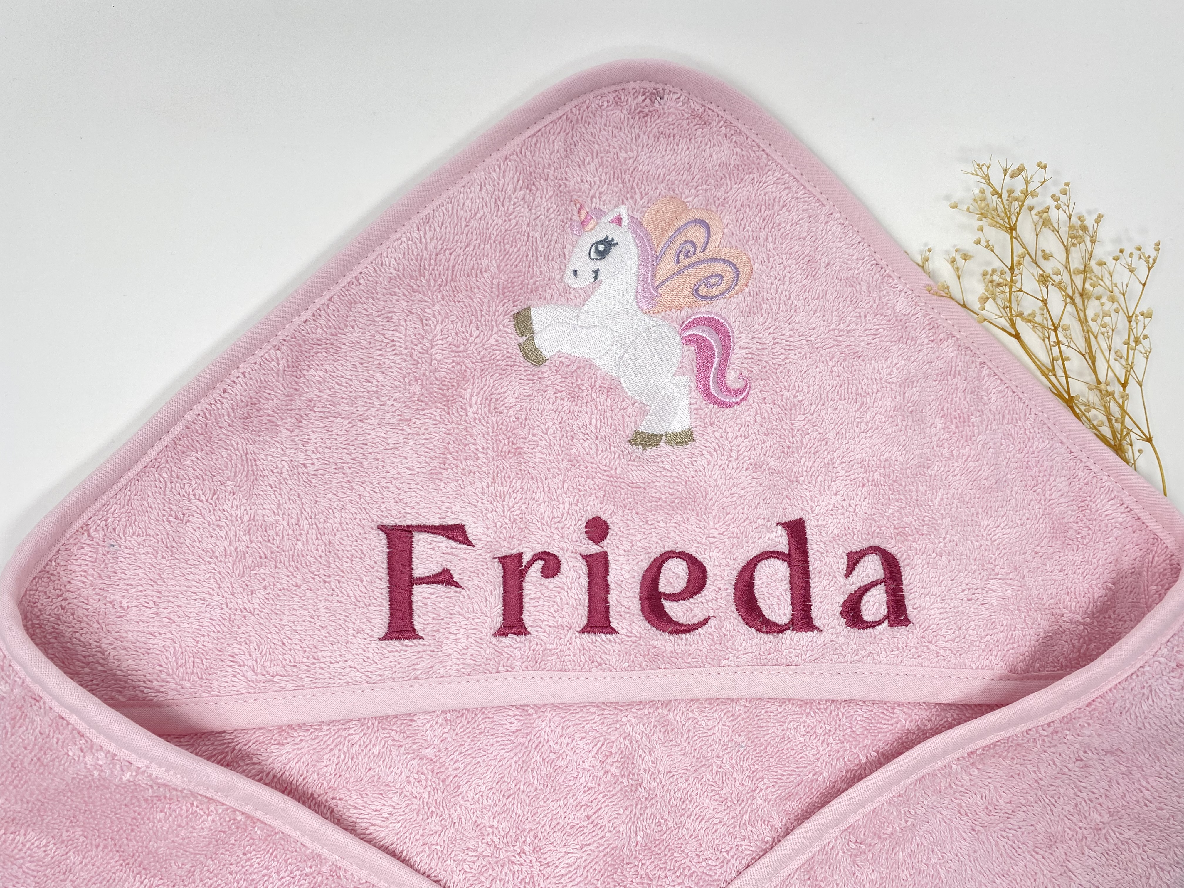 BIO Baumwolle Baby Kapuzentuch Einhorn Pegasus Stickerei Personalisiert Leela Cotton 